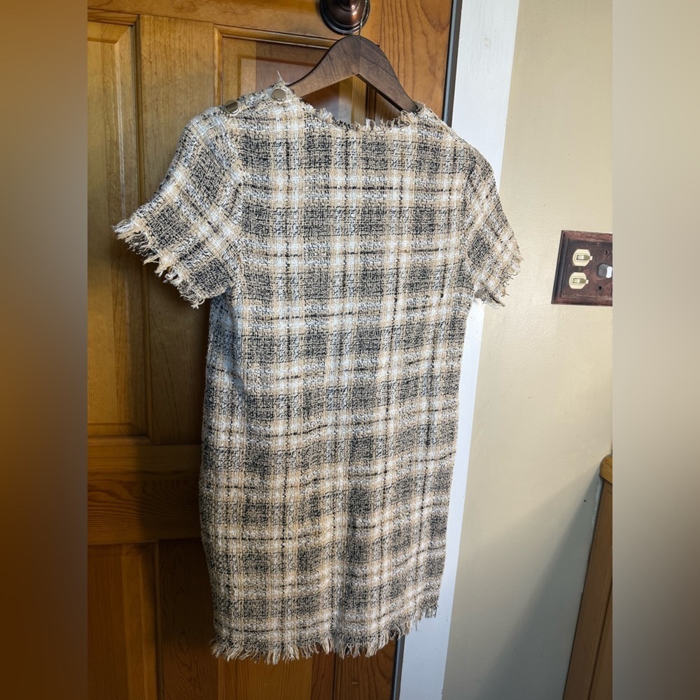 Zara Beige Plaid Tweed Tunic Mini Dress with faux Leather Pockets - Picture 3 of 9
